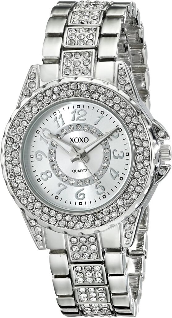 Accutime XOXO Womens Analog Watch with Silver-Tone Case, Rhinestone Bezel/Dial/Band, Silver-Tone Sunray Dial - Official XOXO Womans Watch, Jewelry-Clasp Closure - Model: XO5746