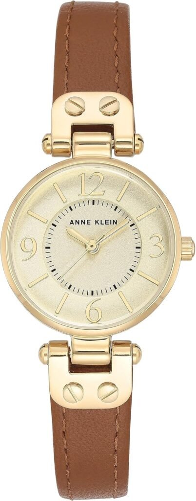 Anne Klein Womens 109442CHHY Gold-Tone Champagne Dial and Brown Leather Strap Watch